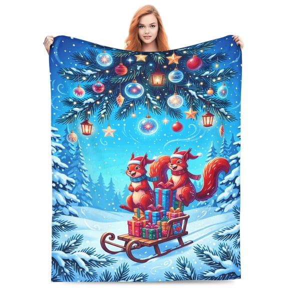 Squirrel Blanket, Cute Christmas Animal Throw, Soft Cozy Warm Flannel Blanket for Sofa, Holiday Home Decor 50x40