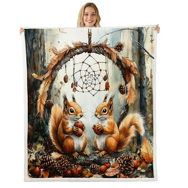 Squirrel Blanket Dream Catchers Throw Blanket 30"x40",Autumn Harvest Fruit Fleece Blanket Woodland Animals Bed Blanket,Exotic Bohemian Decor for Sofa Couch Travel Camping
