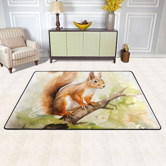 Squirrel Branches Leaves Area Rug Washable 72 x 48 Floor Carpet Mat Non Slip for Bedroom Living Room Kids Room Home Decor