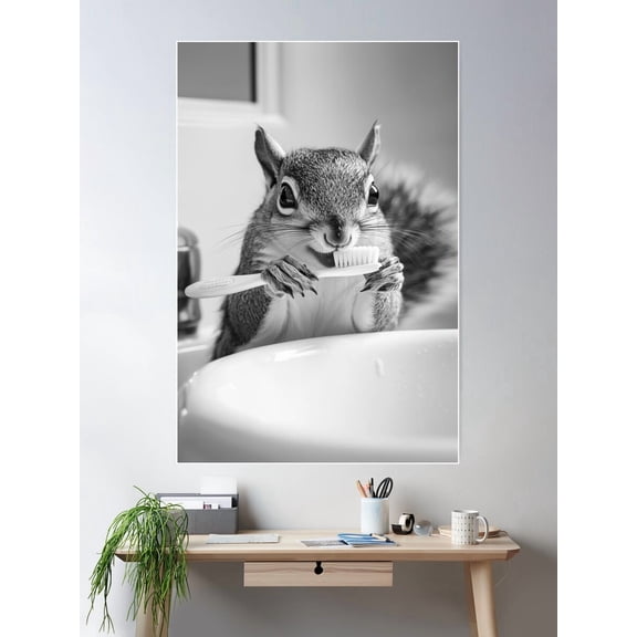Squirrel Brushing Teeth, Funny Vintage Animal Photo Poster Wall Art, Modern Wall Decor For Living Room Bedroom, 8x12 UNFRAMED