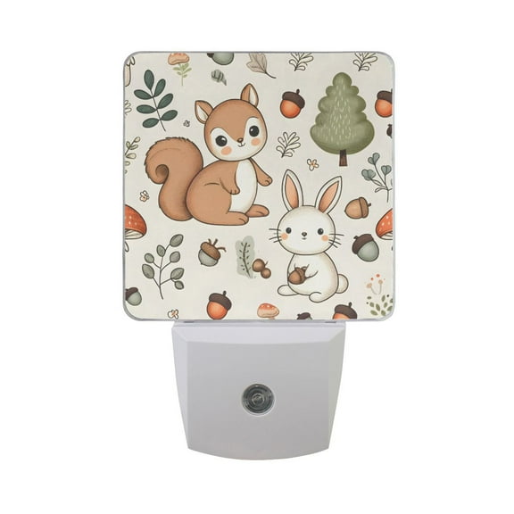 Squirrel Bunny Acorns Mushrooms Night Light 2 Pack LED Nightlight Plug into Wall Dusk to Dawn Sensor Soft White
