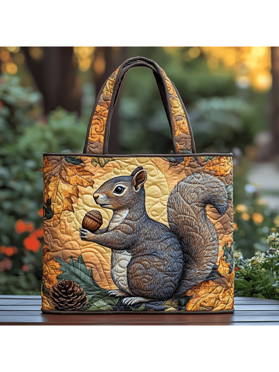 Squirrel Charm Quilted Tote Bag, Women Quilted Tote Bag, Handmade Patchwork Tote, Women Shoulder Bag, Gift For Her