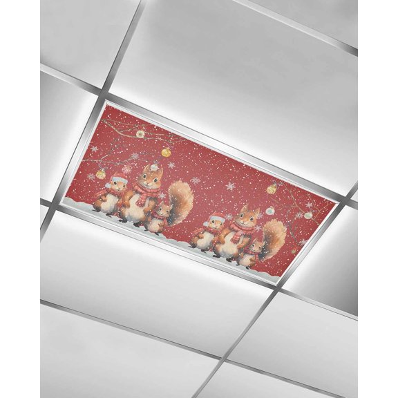 Squirrel Christmas,Fluorescent Light Covers for Ceiling Lights 4x2 feet,1 Pack Magnetic Light Filters for Classroom,Red Xmas Balls Retro Snowflake Fluorescent Light Shade Panel for Office School