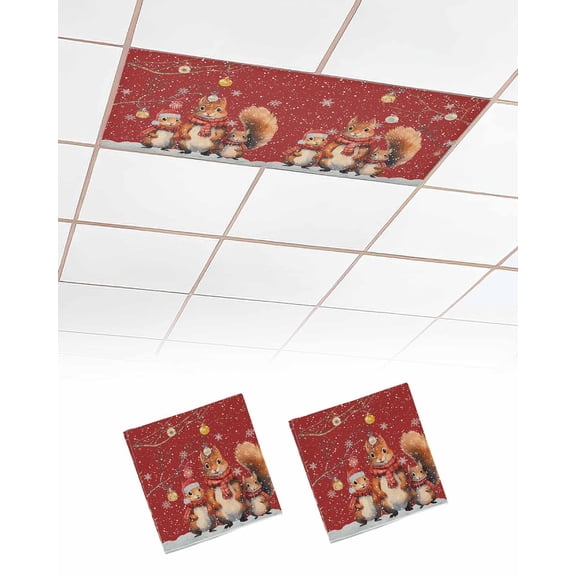 Squirrel Christmas,Fluorescent Light Covers for Ceiling Lights 4x2 feet,2 Pack Magnetic Light Filters for Classroom,Red Xmas Balls Retro Snowflake Fluorescent Light Shade Panel for Office School
