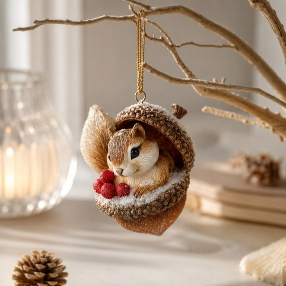 Squirrel Christmas Ornament, Acrylic Squirrel in Acorn Hanging Decor with Berries and Snow, Cute Woodland Animal Charm for Christmas Tree and Bag