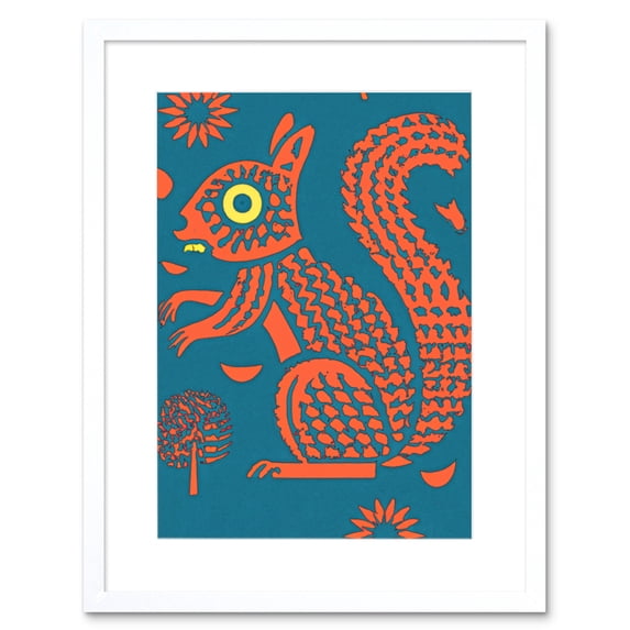 Squirrel Colour Block Modern Folk Art Linocut Artwork Framed Wall Art Print 9X7 Inch