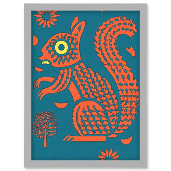 Squirrel Colour Block Modern Folk Art Linocut Artwork Framed Wall Art Print A4