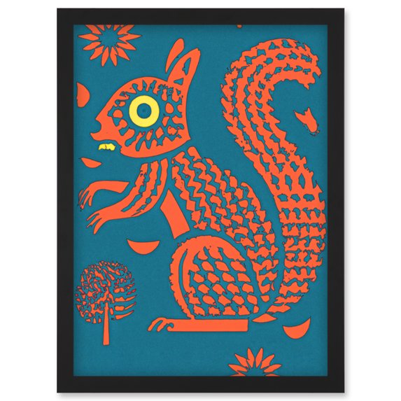 Squirrel Colour Block Modern Folk Art Linocut Artwork Framed Wall Art Print A4