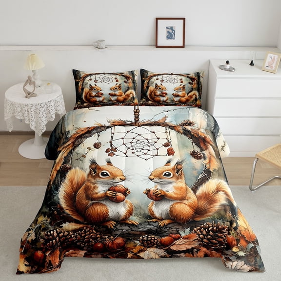 Squirrel Comforter Set Dream Catchers King Bedding Set,Autumn Harvest Fruit Quilt Bed Set Woodland Animals Duvet Insert,Exotic Bohemian Decor