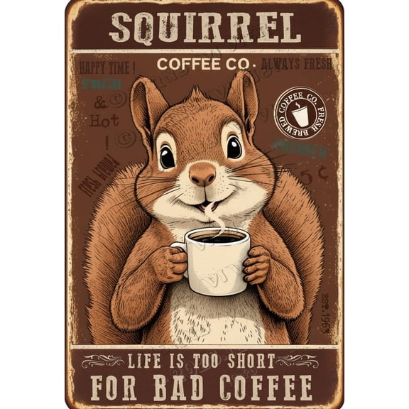 Squirrel Decor Coffee Life is Too Short for Bad Coffee Antique Aluminum Sign,12x8 inches,Shabby Chic Decor, Funny Wall Decor for Cafes Coffee Shop Club Decor,Housewarming Gifts