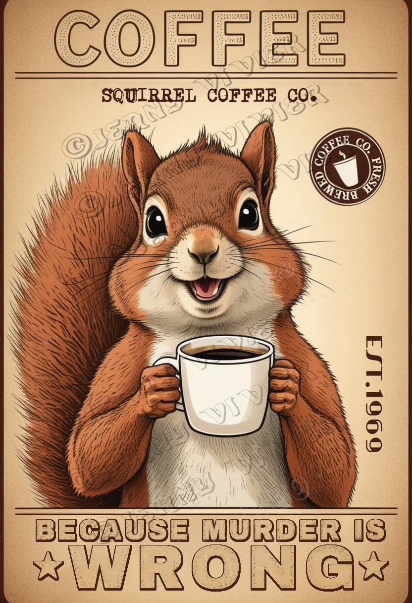 Squirrel Decor Coffee Because Murder is Wrong Retro Aluminum Sign