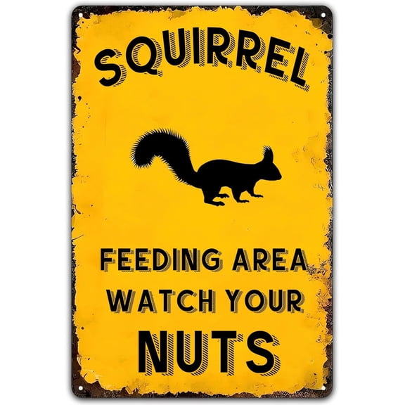 Squirrel Decor Funny Tin Sign Squirrel Feeding Area Watch Your Nuts Rustic Hanging Wall Plaque Vintage Metal Signs for Home Gate Garden Bars Office Club Man Cave Decor 12 X 8 inch