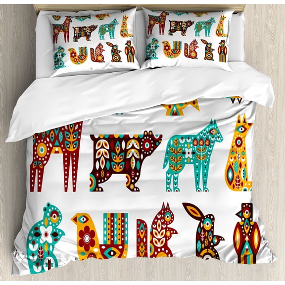 Squirrel Duvet Cover Set, Scandinavian Folk Style Motifs Deer Fish Rabbit on Plain Background, Decorative 3 Piece Bedding Set with 2 Pillow Shams, Calking Size, Ruby Jade Green Orange, by Ambesonne