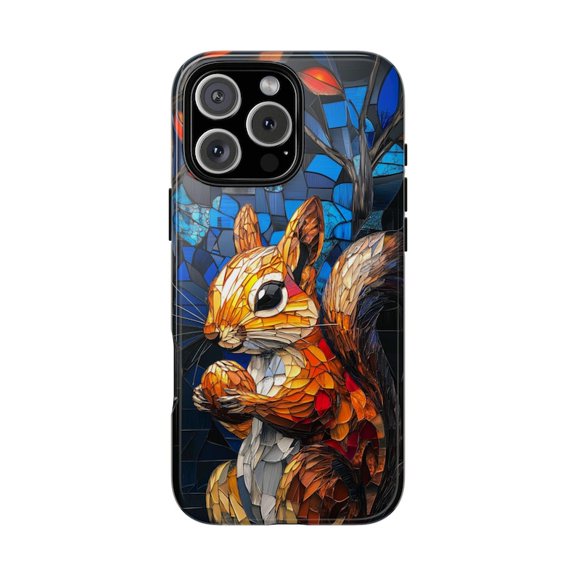 Squirrel Eating Nut Stained Glass Artwork Phone Case for 11 12 13 14 15 16 17 Pro Max