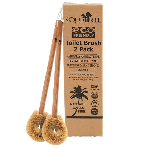 Squirrel Eco-Friendly Toilet Brush with Natural Coconut Fiber Handle and Wooden Handle, Pack of 2, Sustainable Bowl Cleaner with Hanging Hook