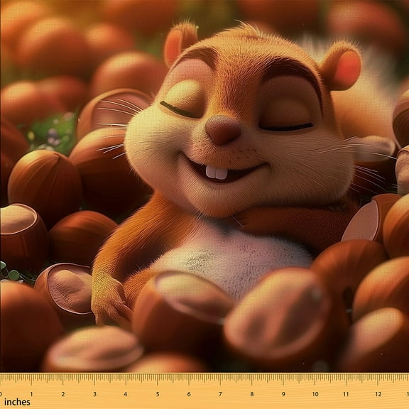 Squirrel Fabric By The Yard,Chestnut Upholstery Fabric,Kawaii Small Animal Store Food Theme Decorative Fabric,3D Pet Rodent Sunshine Style Indoor Outdoor Fabric,1 Yard