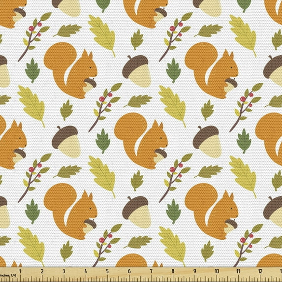 Ambesonne Squirrel Fabric by the Yard Upholstery, Leaves Berries Acorns Nuts, 3 Yards, Multicolor