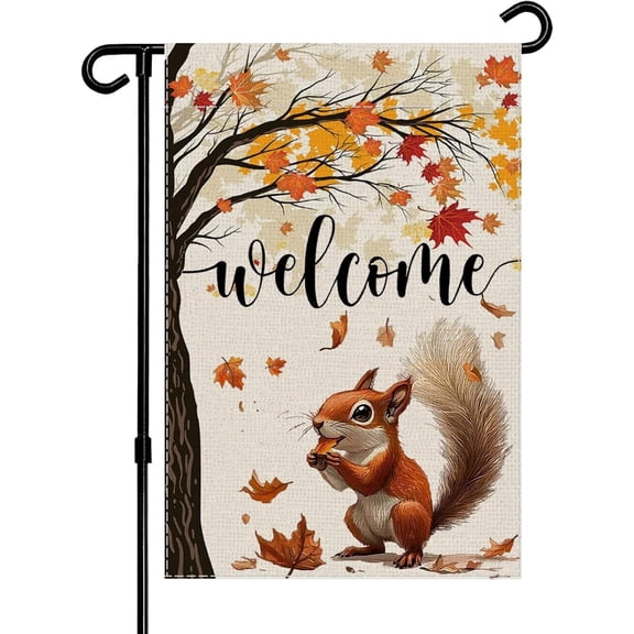 Squirrel Fall Garden Flag, Autumn Maple Leaves Acorn Yard Outside Decorations, Seasonal Burlap Outdoor Small Home Decor Double Sided 12 x 18 inch