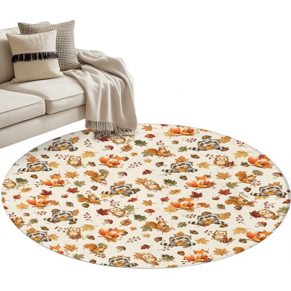 Squirrel Fall Round Rug 3ft Washable Circle Entryway Rugs Non Slip Beige Mushroom Maple Leaves Thanksgiving Area Rug Indoor Floor Carpet for Bedroom Kitchen Living Room Office Dining Room Nursery