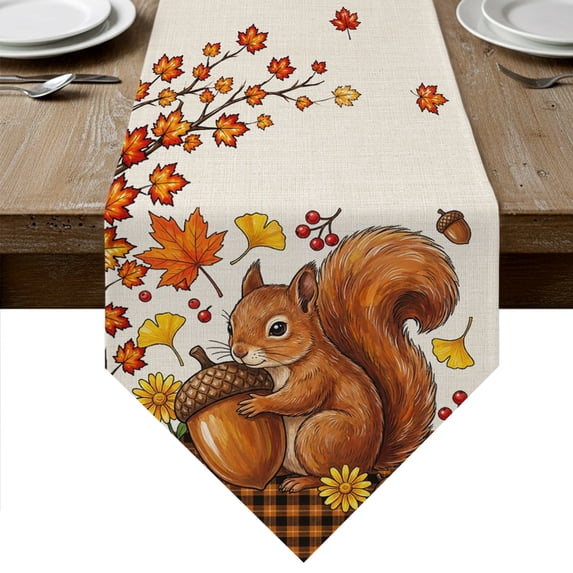 Squirrel Fall Table Runner Linen Burlap Table Runner 72 Inches Long Thanksgiving Branches Berry Rustic Dresser Scarves for Kitchen Island Coffee Dining Room Party Wedding Holiday Decoration 14"x72"