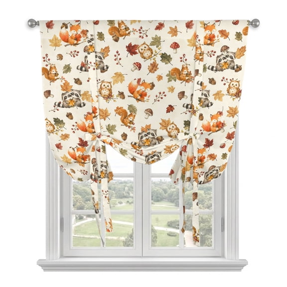 Squirrel Fall Tie Up Curtains for Windows, Adjustable Balloon Window Shades, Beige Mushroom Maple Leaves Thanksgiving Kitchen Window Treatments Farmhouse Short Curtains with Rod Pocket 42"x45"