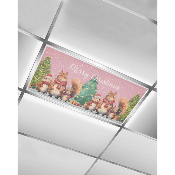 Squirrel Family,Fluorescent Light Covers for Ceiling Lights 4x2 feet,1 Pack Magnetic Light Filters for Classroom,Christmas Tree Pink Snowflake Fluorescent Light Shade Panel for Office School Drop