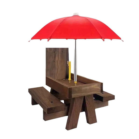 Squirrel Feeder, Outdoor Wooden Squirrel Feeding Table With Bench And Corn Holder, Red Umbrella Shade For Yard Garden Patio, Attract Wildlife Decorative Pet Dining Station