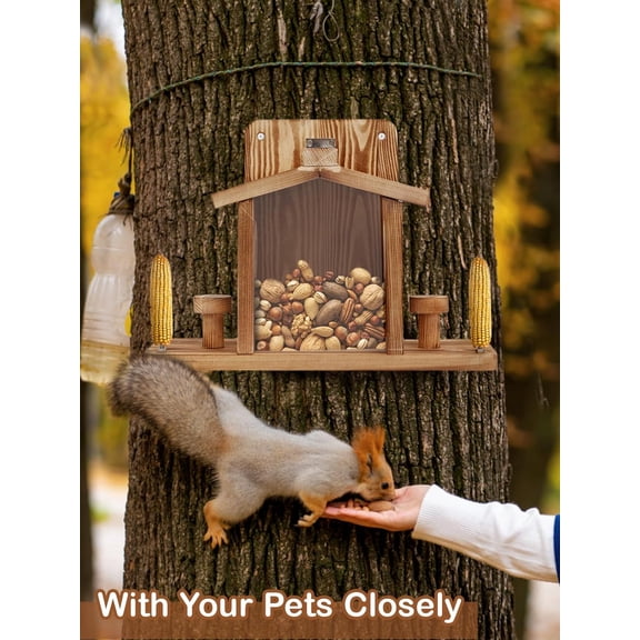 Squirrel Feeder for Outside, Wooden Squirrel Feeder Platform, Funny Squirrel Houses Picnic Table, Squirrel Feeders for Outdoors Tree Peanuts Nuts Corn Cobs Holder Wooden Chipmunk Feeder Box