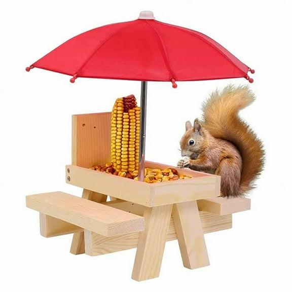 Squirrel Feeder Picnic Table with Umbrella,Wooden Feeders for Outside,Cute Chipmunk Feeder+Solid Structure B