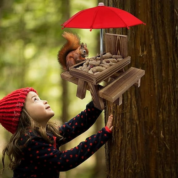 Squirrel Feeder Picnic Table with Umbrella,Wooden Squirrel Feeders for Outside,Cute Chipmunk Feeder+Solid Structure A