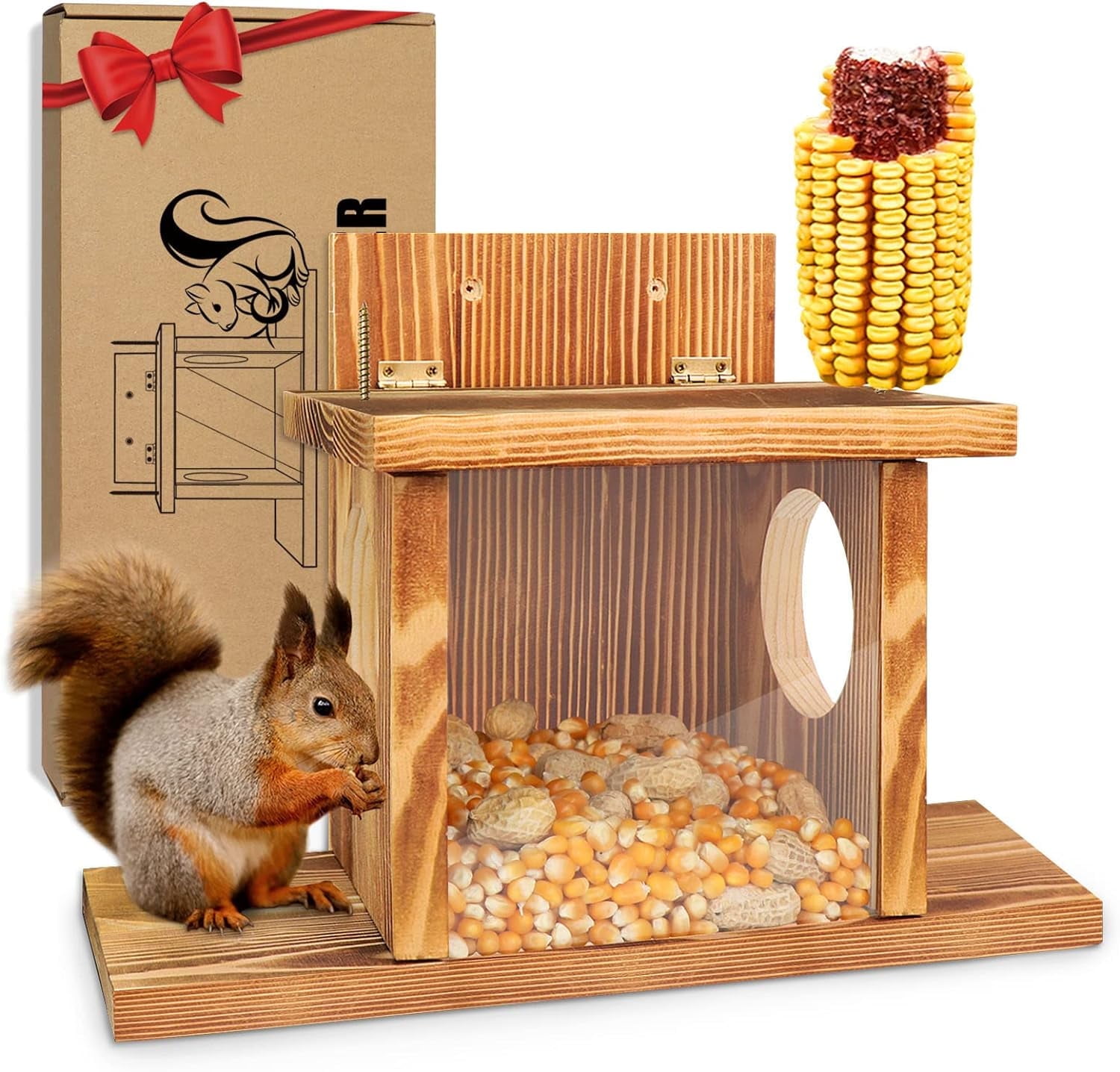 Squirrel Feeder,Squirrel Feeders for Outside Winter,Durable Squirrel House Box Easy to Fill with Removable Front Panel,Wooden Squirrel Food Table Squirrel Picnic Table Feeder,Chipmunk Feeder for Corn