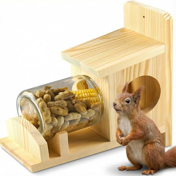 Squirrel Feeder, Squirrel Feeders for Outside, Wooden Box with Clear Storage Jar Weatherproof Nut Bar Chipmunk Feeder for Wood Deck, Tree, Fence, 10.5x5.5x5.5in, Feeders