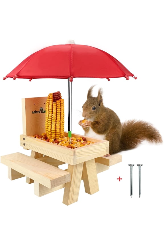 Squirrel Feeder Table with Umbrella, Wooden Squirrel Picnic Table Feeder, Durable Squirrel Feeder Corn Cob Holder, with Solid Structure and 2 x Thick Benches(Squirrel Feeder table-1pk)