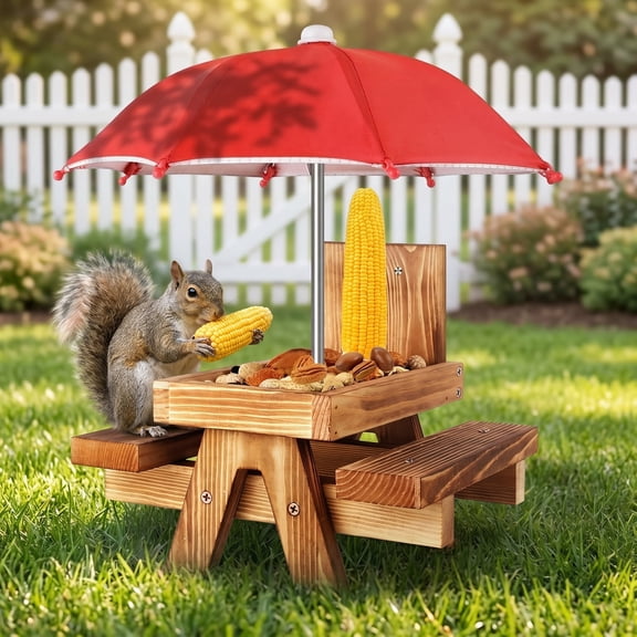 Squirrel Feeder with Umbrella, Bright-Red Squirrel Picnic Table Feeder, Squirrel Feeders for Outside, Chipmunk Feeder Holds Corn, Corn Cob and Peanuts