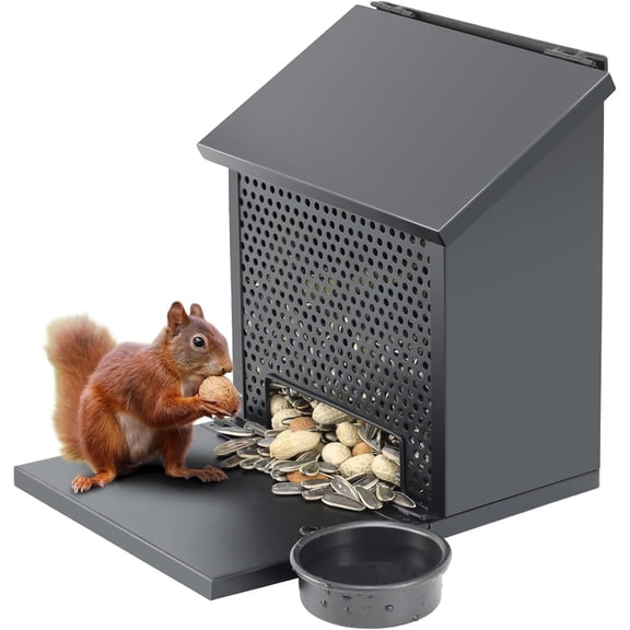 Squirrel Feeders for Outside,Squirrel Feeder with Foldable Metal Front Panel Perch Funny Metal Chipmunk House Hanging Boxes Easy to Refill