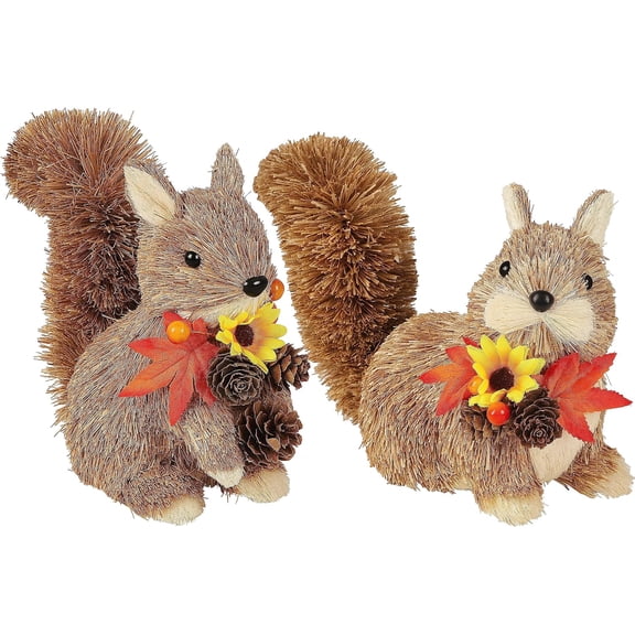 Squirrel Figurines, Handmade Straw-Woven Sitting Squirrel Tabletop Ornaments with Maple Leaves Pine Cones for Thanksgiving Day Fall Harvest Indoor Home Decor