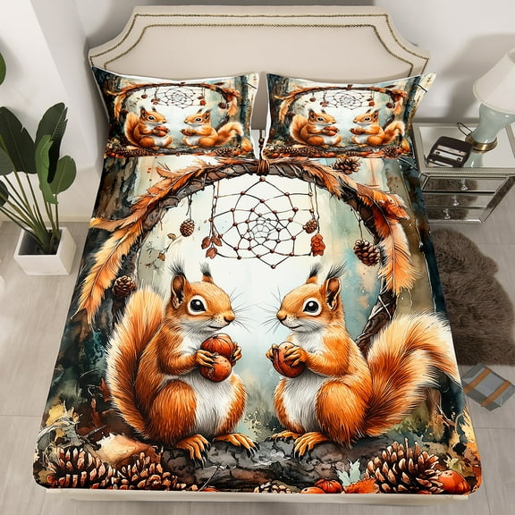 Squirrel Fitted Sheet Dream Catchers Bed Sheets Full,Autumn Harvest Fruit Sheets Woodland Animals Bed Set,Exotic Bohemian Decor (No Top Sheet)