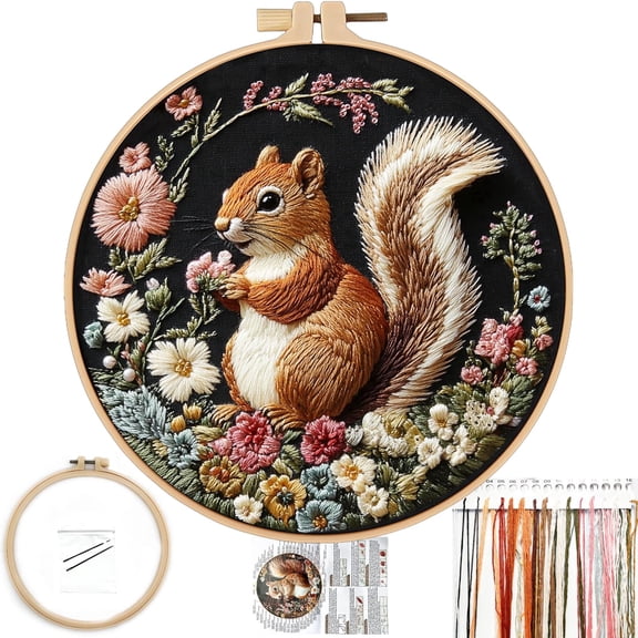 Squirrel Floral Embroidery Kit, Cross Stitch Kits for Beginners, Handmade Crafts with Printed Patterns for Beginner Adults, Easy to Follow Color Thread Needlework