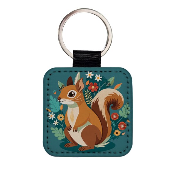 Squirrel Floral Flowers Faux Leather Square Keychain