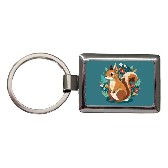 Squirrel Floral Flowers Metal Rectangle Keychain