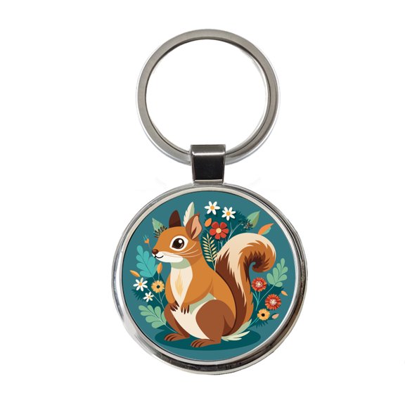 Squirrel Floral Flowers Metal Round Keychain