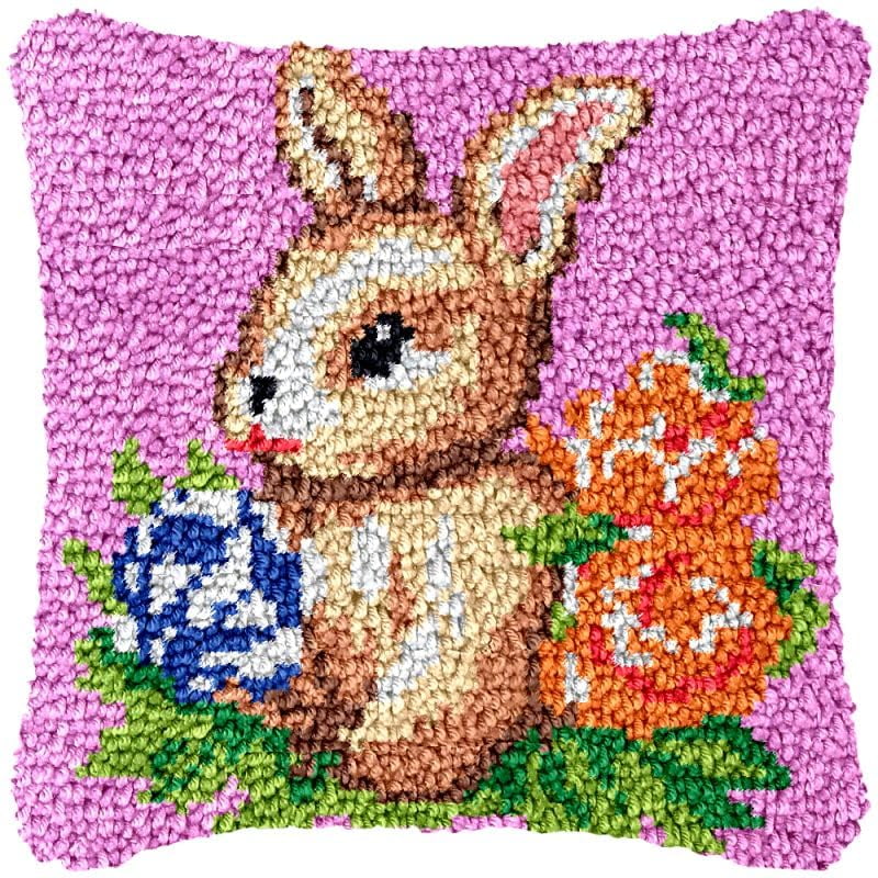 Squirrel with Flowers Latch Hook Pillow Cover Kits for DIY Handmade Throw Pillow Cross Stitch Latch Hook Pillowcase Rug Kits with Preprinted Color Pattern Canvas Crochet Yarn Kits 17''X 17''(ch106)