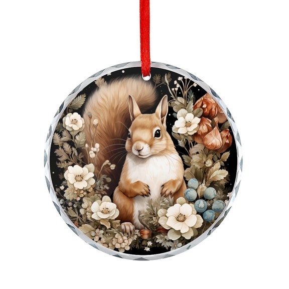 Squirrel with Flowers Pine Cones Watercolor Style Ornament American Ancient Doodle Herbivorous Wildlife Crystal Glass Christmas Decor with Holiday Design Gift Exchange Present Ideas