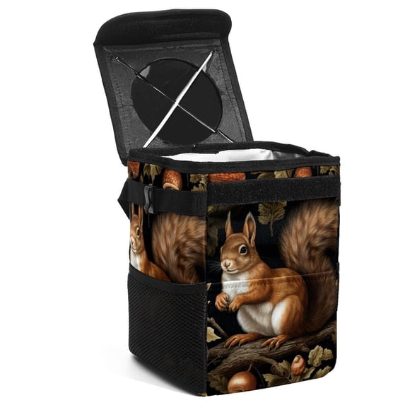 Squirrel Foldable Car Trash Can with Lid, Leak-Proof Mini Trash Can, Car Trash Bin, Trash Can for Car with Hanging Storage Bag