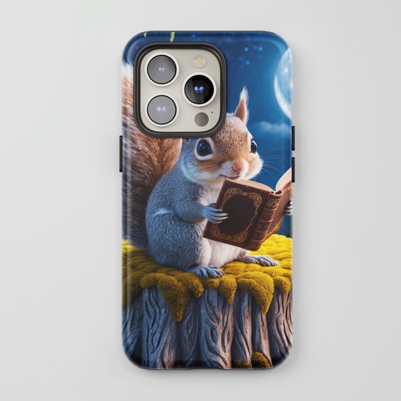 Squirrel For All iPhone Series Protective Phone Case Whimsical Night Forest Art Blue Yellow