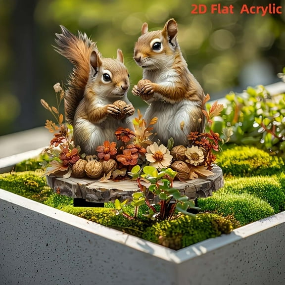 Squirrel Garden Decor, Outdoor Pot Decoration,Garden Ground Insert, Fairy Garden Accessories, Acrylic Bohemian Flower Pot, Fairy Garden Figurines (Couple Squirrels)
