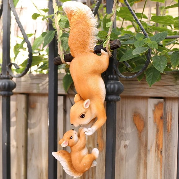 Squirrel Garden Ornament: Resin Squirrel Hanging Statue with Rope for Patio, Balcony & Tree - Realistic Outdoor Figurine Decor,5.11*3.14*12.2 inch,Orange.