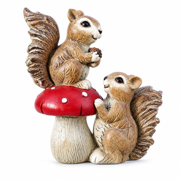 Squirrel Garden Statue with Mushroom & Acorn, 7.7 in Resin Woodland Animal Figurine for Garden, Yard, Patio & Porch