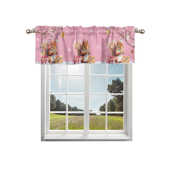 Squirrel Gifts, Kitchen Curtain Valances for Windows Farmhouse Short Curtains, Christmas Snowflake Colorful Balls Rod Pocket Valance Curtain for Bedroom Cafe Living Room 42"x18"