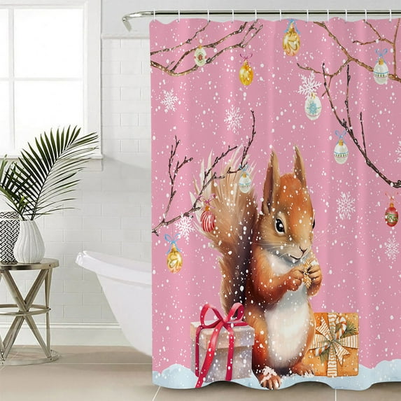 Squirrel Gifts, Waterproof Fabric Shower Curtain, Christmas Snowflake Colorful Balls Shower Curtain for Bathroom Curtains Bathtubs Hotel Washable Shower Curtains with 12 Hooks Standard 66x72